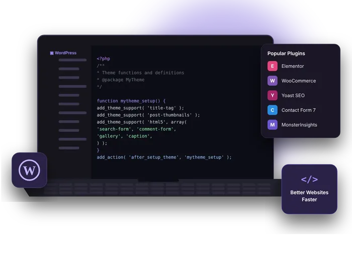 WordPress code editor on a laptop with popular plugins
