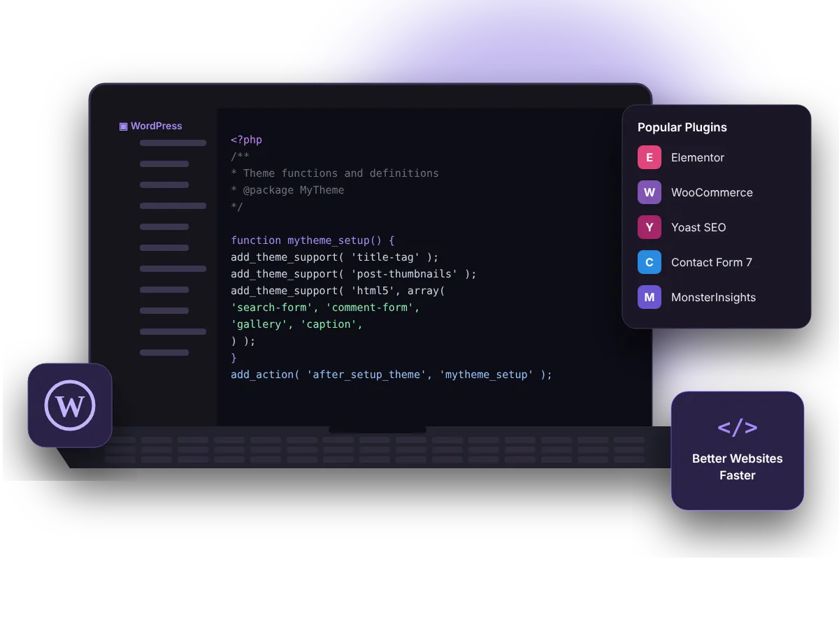 WordPress code editor on a laptop with popular plugins